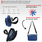 Blue insulated medication bag with temperature resistance features on a white background 