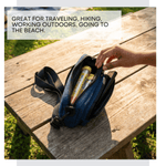 Blue bag with a yellow item on a wooden surface, with text about its uses. 