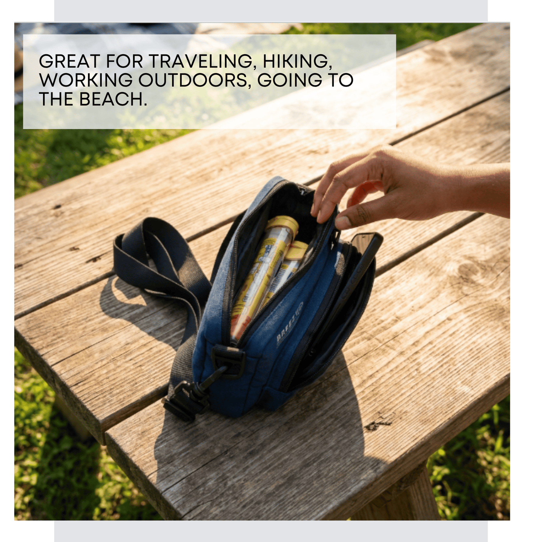 Blue bag with a yellow item on a wooden surface, with text about its uses. 