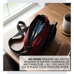 Red and black bag on a wooden table with text about medicine storage solution. 