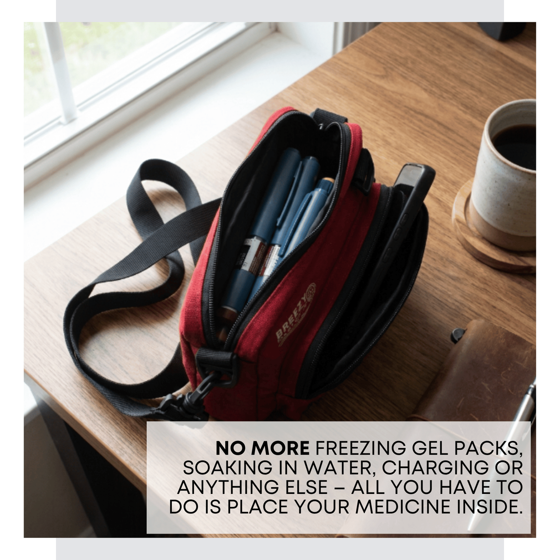 Red and black bag on a wooden table with text about medicine storage solution. 