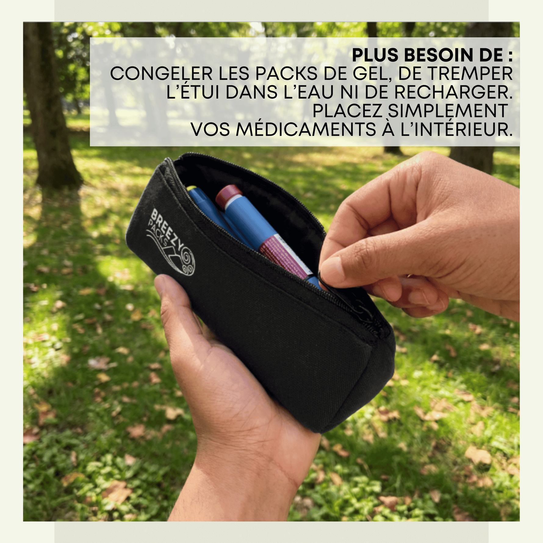 A person outdoors holds an open black Breezezy gel pack organizer pouch containing blue and pink cold medicine packs, with French promotional text overlaid at the top. 