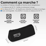 Black Breezy Packs  insulated pouch with white logo, shown on a light gray background with French text, feature icons, and dimension lines indicating 20cm length, 7cm width, and 5cm depth. 