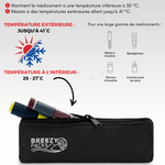Black zippered Breezy Packs pencil pouch shown with two markers partially pulled out, on a white background with French temperature claims and small diagram icons. 