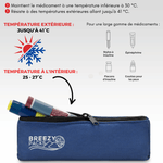 A blue zippered Breezy Packs medical pouch shown on a white background with French text and icons explaining temperature resistance, plus small illustrations of medical items. 