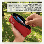 A red BreezePacks insulin pen case being held in two hands outdoors, with a French text overlay at the top explaining its features for keeping gel packs dry and medications safe. 