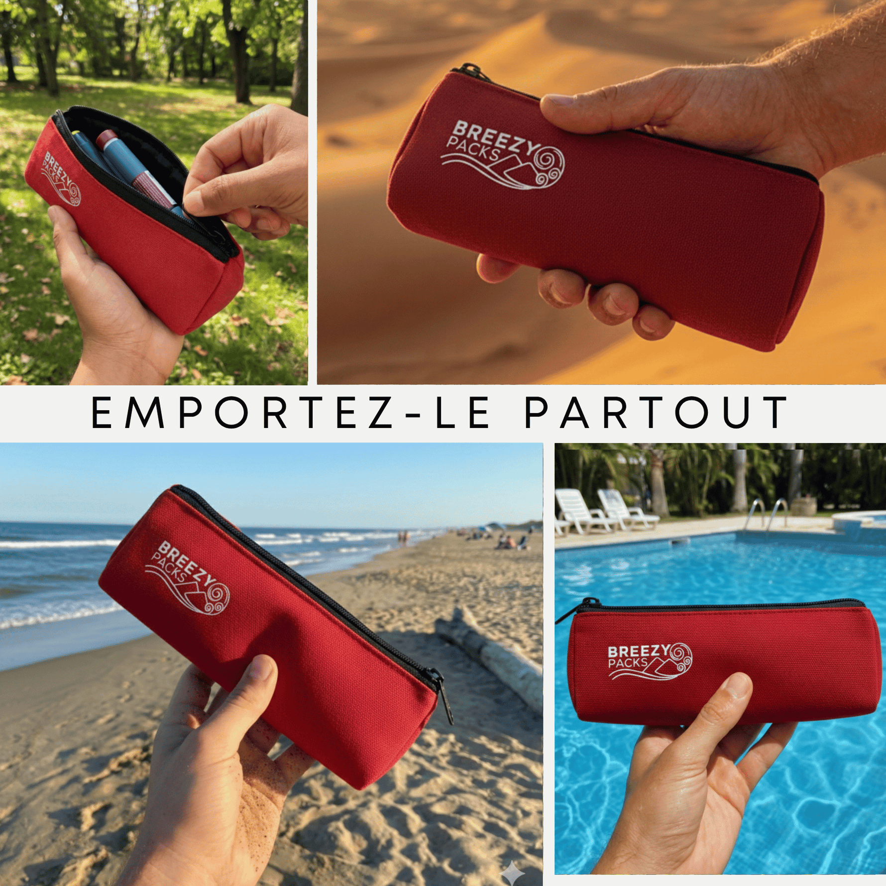A collage showing a red zippered pouch or case being held in multiple outdoor settings: a grassy park, a sandy beach, and a swimming pool. The pouch has a white printed logo reading 'BREEZY PACKS' on the front. 