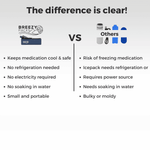 Comparison chart between Breezy Packs and 'Others' for medication cooling and safety.